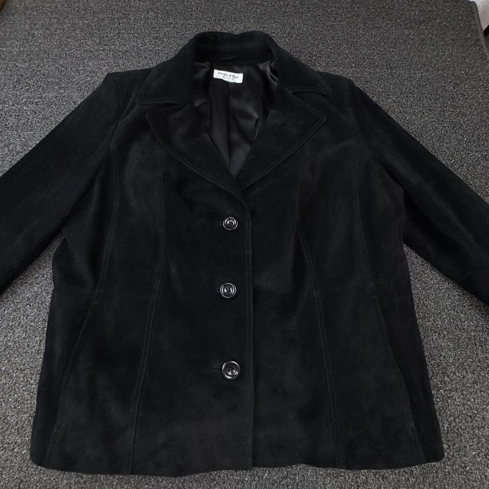 Preston Of York Coat Womens M Black Leather Suede Lined Collared Pockets Button